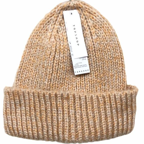 Topshop Camel Ribbed Beanie Knit Scandi Beanie Rolled Brim Winter Hat - Picture 1 of 2